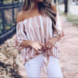 Women Striped Off Shoulder Waist Tie Blouse